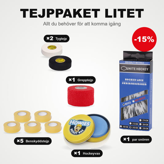 Teippakke Liten: 5 benskinnteip, 2 tøyteip, 1 grepteip, 1 par skøytelisser og hockeyvoks