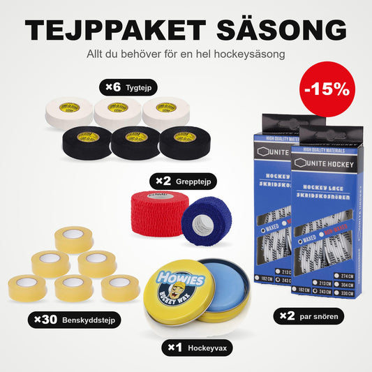 Teippakke sesong: 30 benskinnteip, 6 tøyteip, 2 gripeteip, 2 par skøytelisser og hockeyvoks