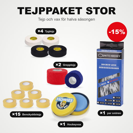 Teippakke Stor: 15 benskinnteip, 4 tøyteip, 2 grepteip, 1 par skøytelisser og hockeyvoks